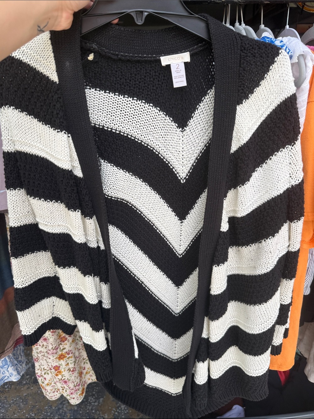Chico's Black & White Chevron Striped Open Cardigan